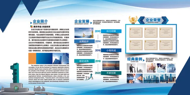 蓝色企业文化墙公司简介背景墙展板 蓝色企业文化墙公司简介背景墙展板