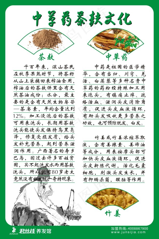 绿边中草药茶麸文化君丝佳促销海报cdr矢量模版下载