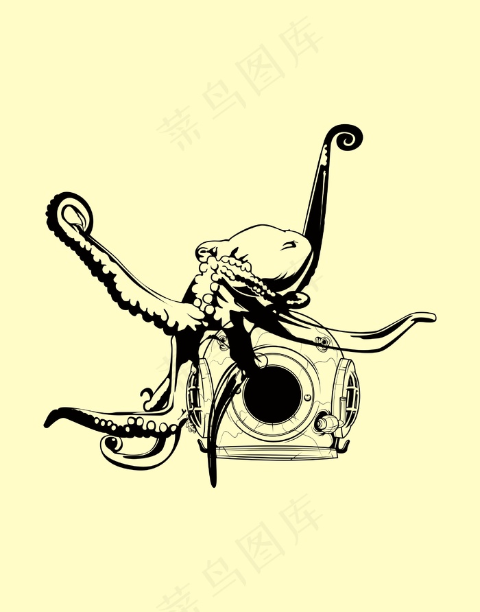 章鱼黑白插画ai矢量模版下载