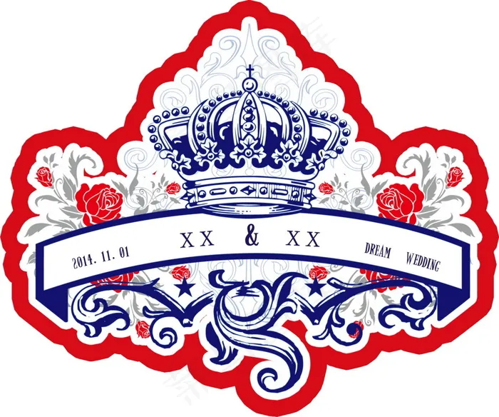 红蓝撞色英伦风婚礼主题logo设计...(210X297)cdr矢量模版下载