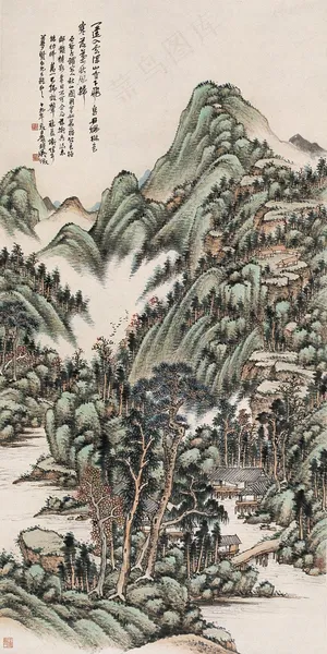 山水 水墨 松树 假山