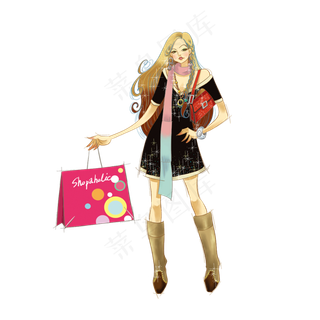 手绘美女购物PNG素材合集