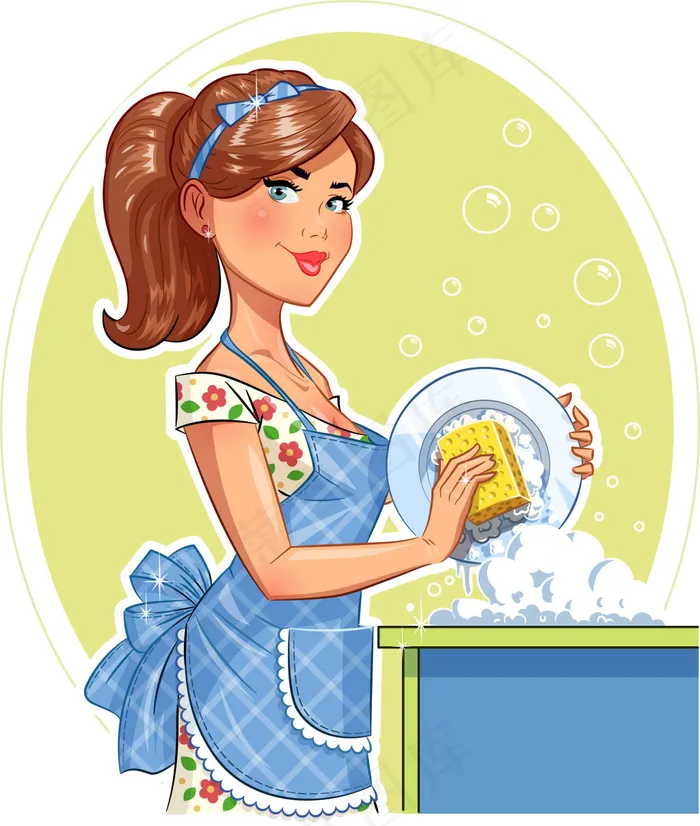 做家务洗碗的美女插画ai矢量模版下载