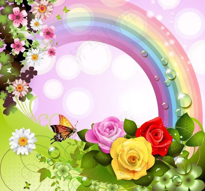 梦幻花朵蝴蝶彩虹 春天背景图片eps,ai矢量模版下载
