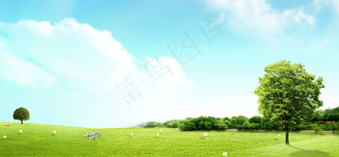 踏青春蓝天白云绿草地背景psd模版下载