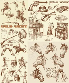 西部牛仔线稿图——矢量素材