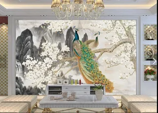 玉石背景墙孔雀山水大理石纹大理石装...