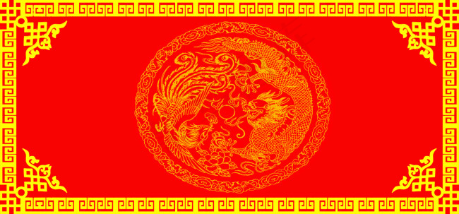 大红金色中国风边框龙凤图画布