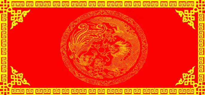 大红金色中国风边框龙凤图画布