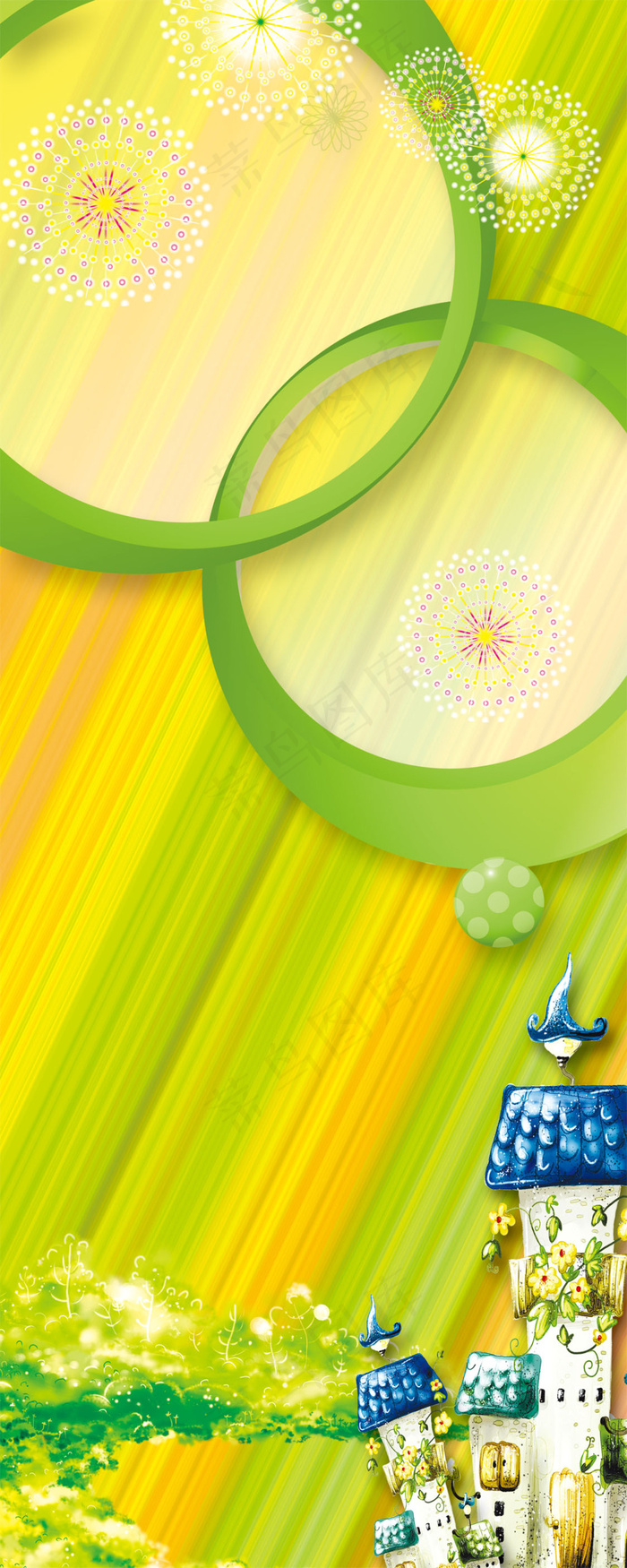 卡通城堡与鸟烟花光圈绿色背景展架素材