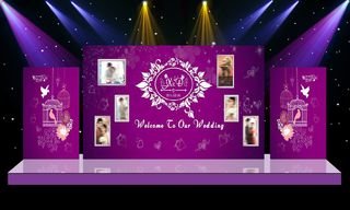 紫色主题婚礼舞台迎宾区背景喷绘设计...