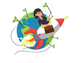 手绘卡通女孩坐火箭穿越地球矢量元素