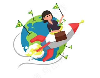 手绘卡通女孩坐火箭穿越地球矢量元素