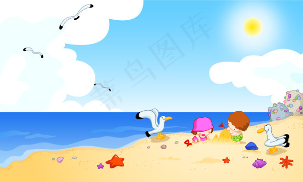 海滩边玩耍的儿童矢量素材