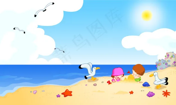 海滩边玩耍的儿童矢量素材