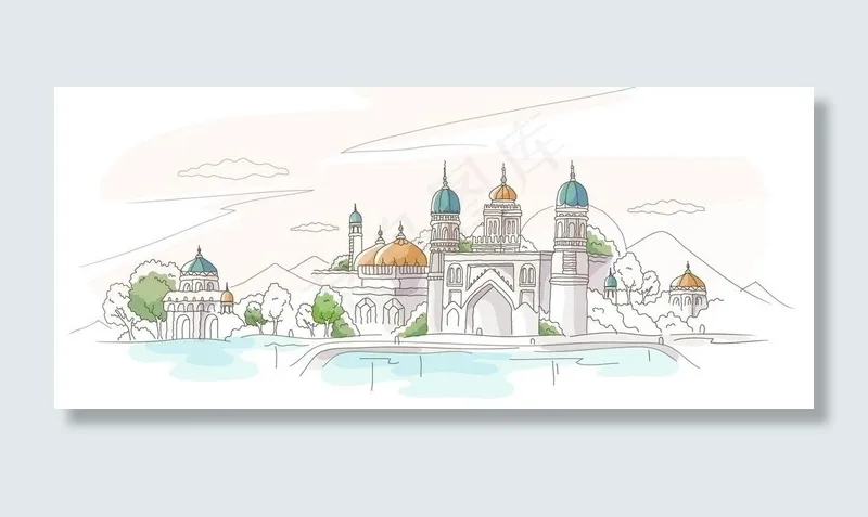 手绘欧式维也纳湖畔的城堡图片cdr矢量模版下载