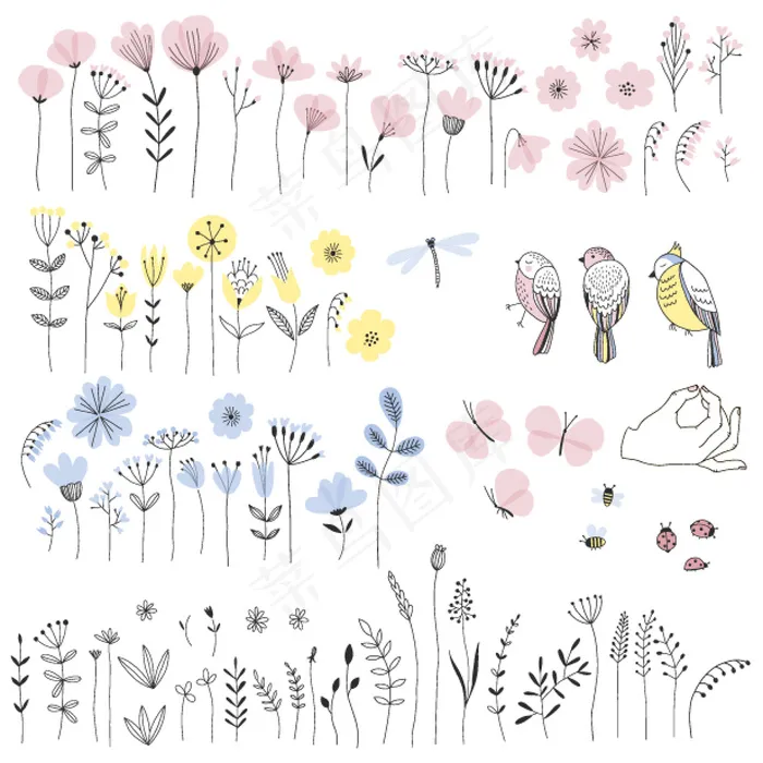 2017唯美手绘花束花鸟素材分项自...