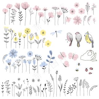 2017唯美手绘花束花鸟素材分项自...