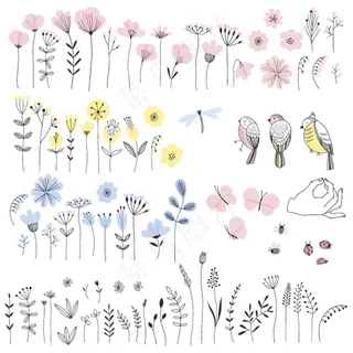 2017唯美手绘花束花鸟素材分项自...