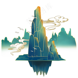 国潮绿色云雾山川,免抠元素