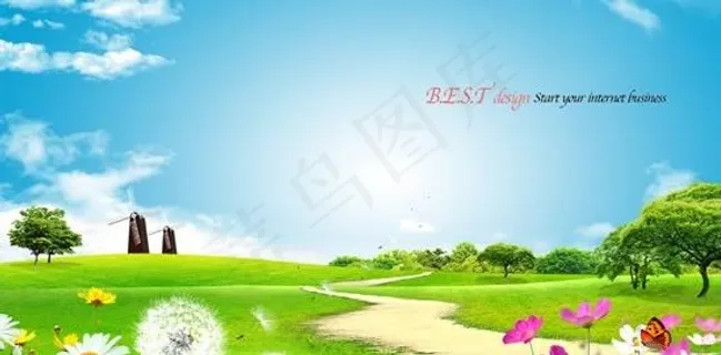 乡间小道春天风景PSD 下载