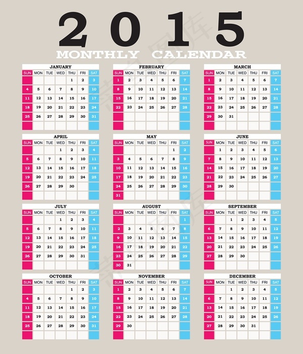 2015年全年月历矢量