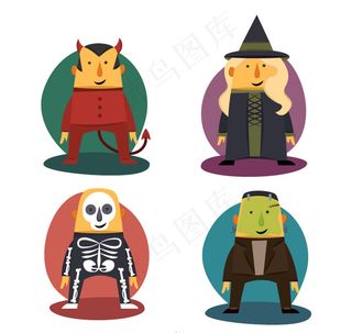 4款时尚万圣夜角色矢量图