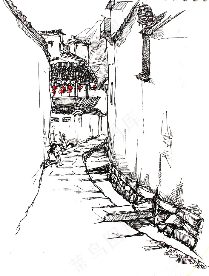 村中道路 小镇 钢笔风景