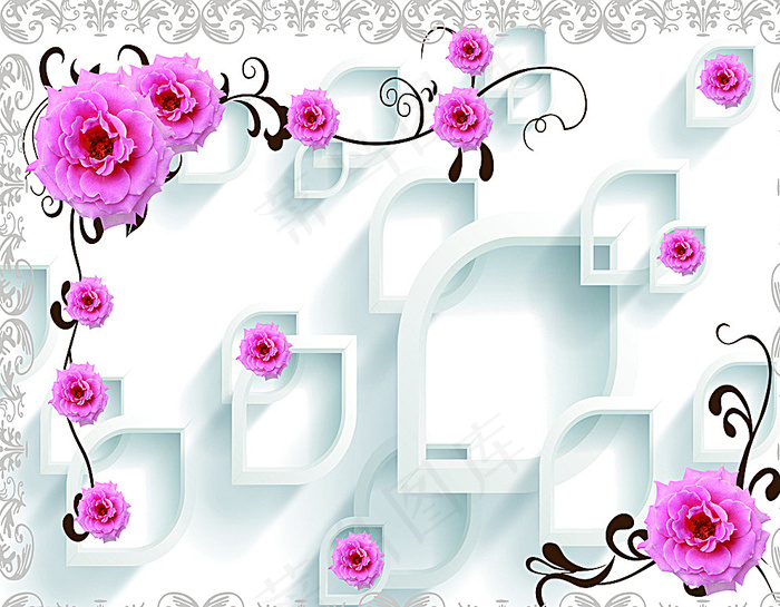 月季花话纹3d背景墙图片