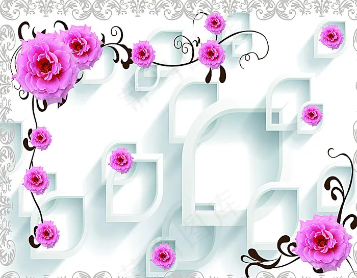 月季花话纹3d背景墙图片
