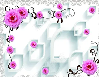 月季花话纹3d背景墙图片