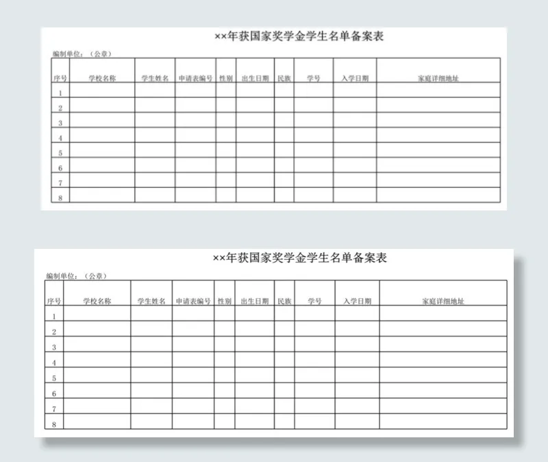 年获国家奖学金学生名单备案表