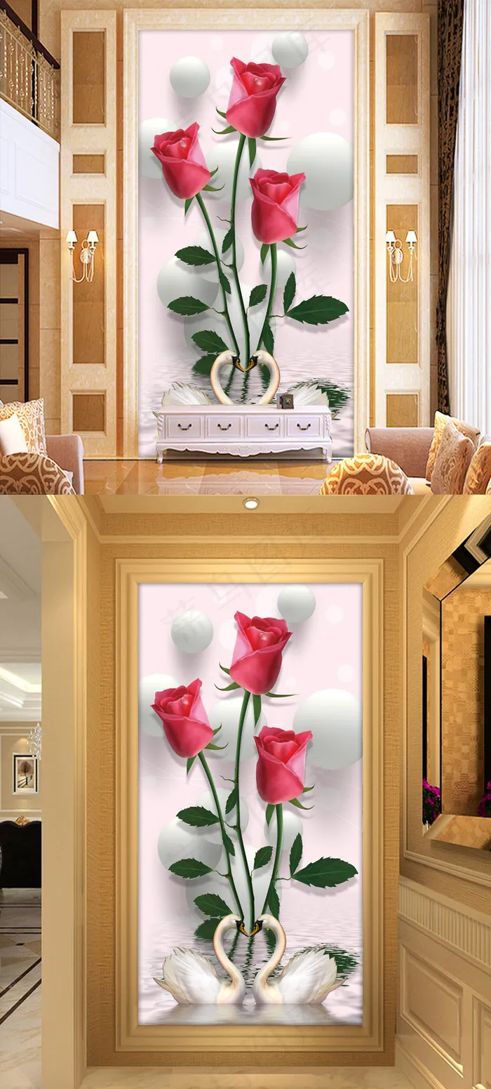 玫瑰花3D立体圆球玄关门厅过道背景...(3402X6803(DPI:72))psd模版下载