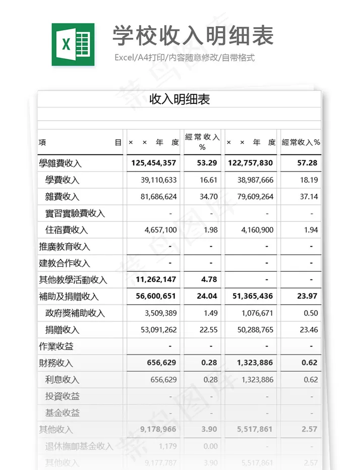 学校收入明细表格