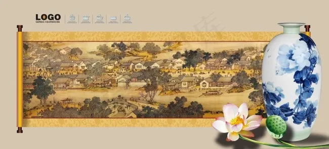 中国风卷轴古画青花瓷psd模版下载
