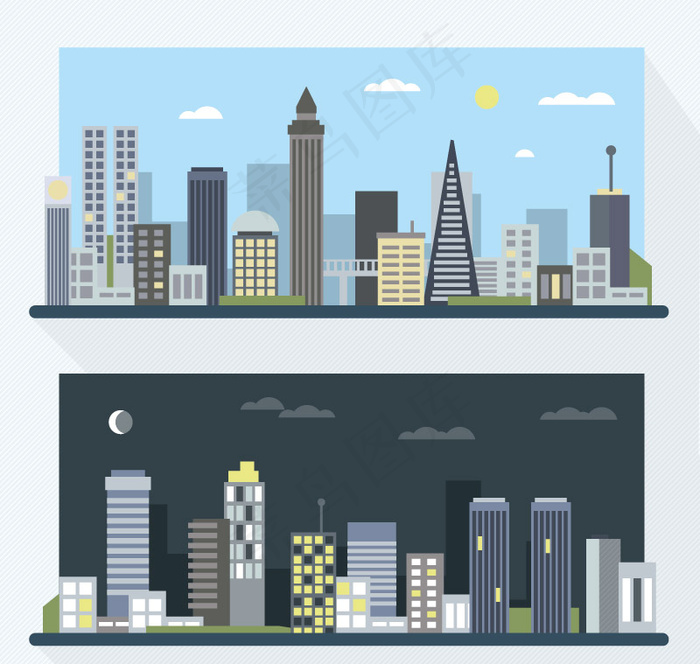 城市白天与黑夜楼群