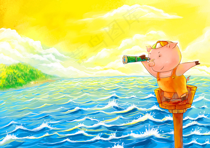 油画海洋与卡通动物图片