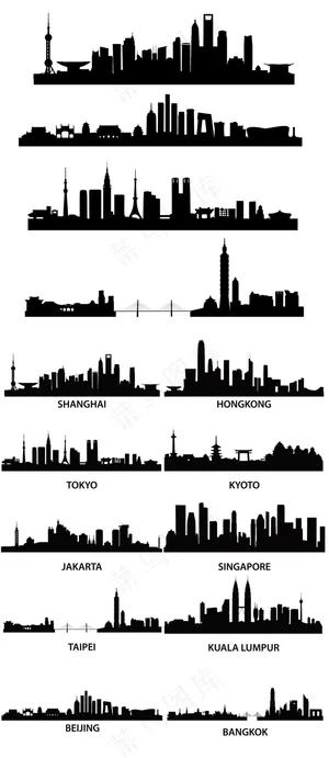 2017亚洲著名城市建筑剪影矢量素...