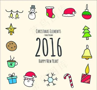 2016彩色圣诞元素边框贺卡矢量素...