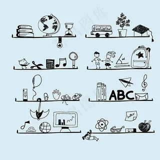 手绘校园元素书架背景矢量素材图片