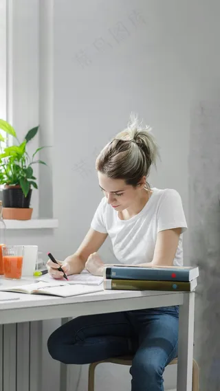 在写字的外国美女高清摄影图片
