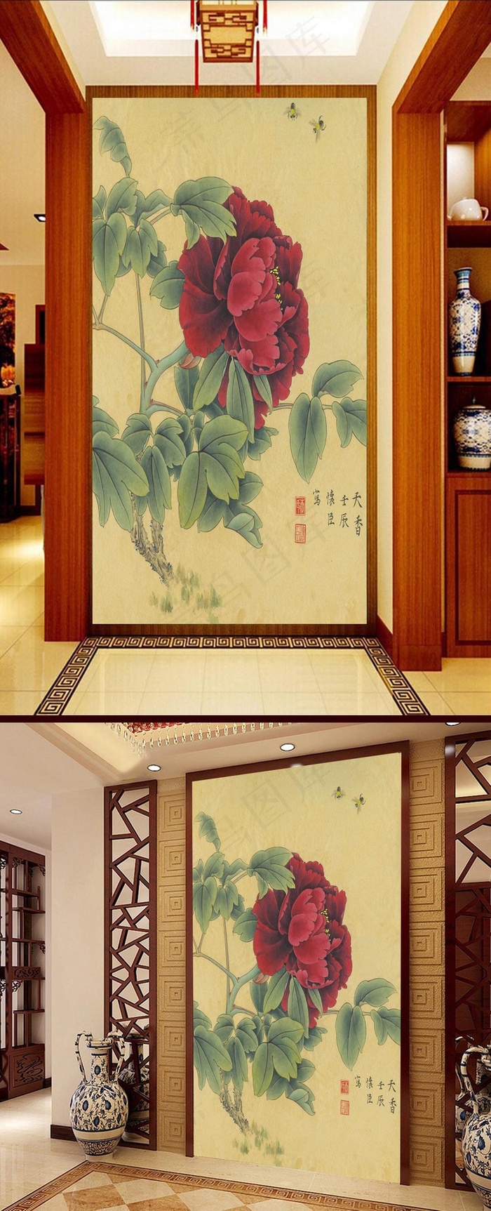 天香中国风古典玄关过道壁画背景墙
