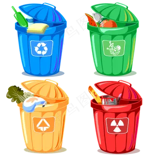 四色卡通环保分类垃圾桶图标四色卡通环保分类垃圾桶图标