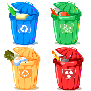 四色卡通环保分类垃圾桶图标四色卡通环保分类垃圾桶图标