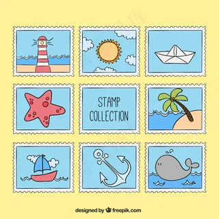 手绘夏季元素邮票