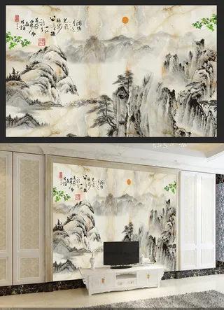 中式大理石水墨画电视背景墙
