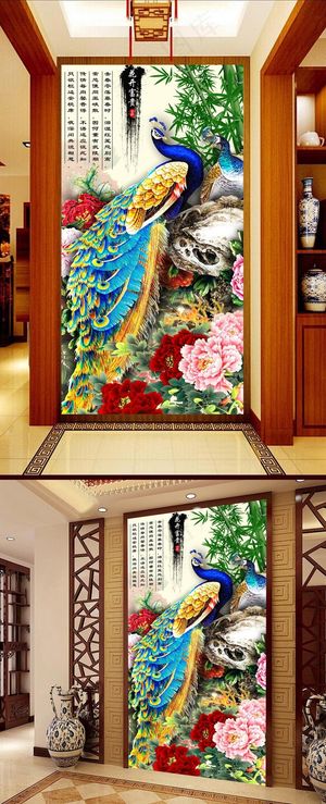 花开富贵孔雀牡丹中式古典玄关壁画背...