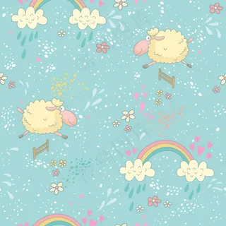 蓝色森系北欧动物装饰画无缝背景矢量...