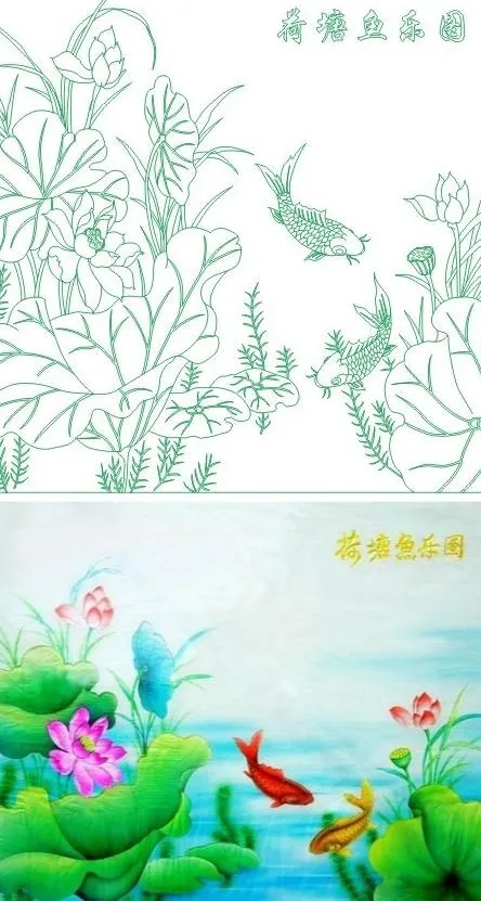 荷塘鱼乐图 荷花图片cdr矢量模版下载