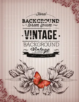 随着春天的花朵和蝴蝶的老式的矢量插图